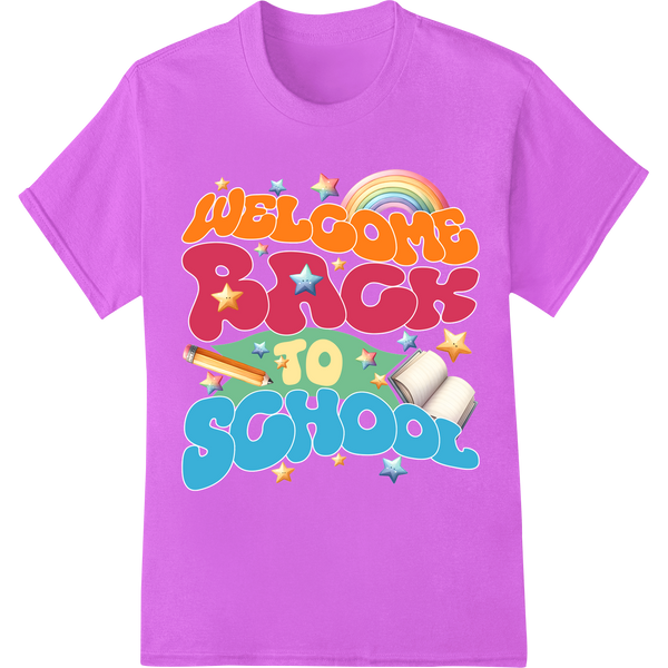 Vibrant Back to School DTF Print | Welcome Kids with Style on purple shirt - SUPERDTF-DTF Prints-DTF Transfers-Custom DTF Prints