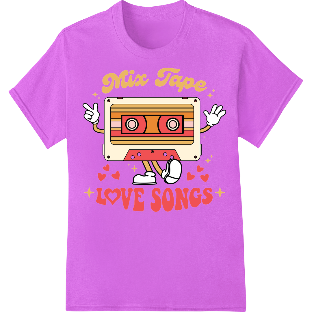 Retro 'Mix Tape Love Songs' Valentine's Day DTF Transfer on purple shirt - SUPERDTF-DTF Prints-DTF Transfers-Custom DTF Prints