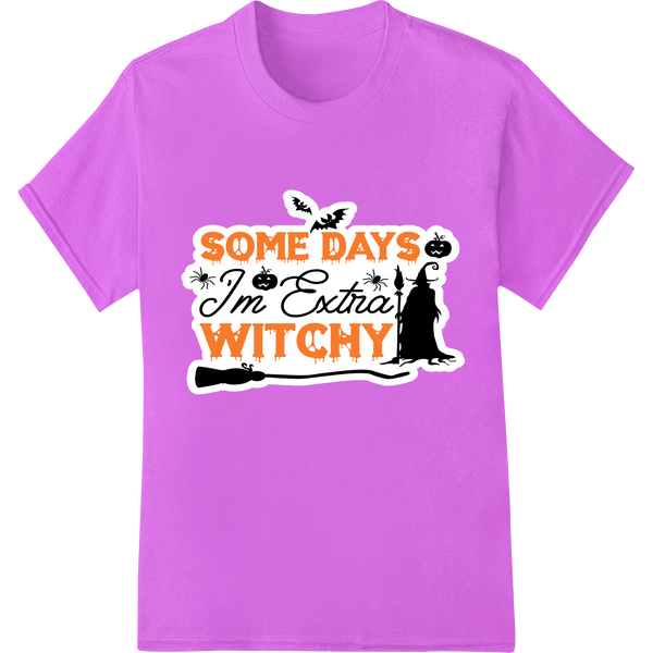 A playful cartoon-style design featuring a witch with a crescent moon, stars, and the phrase 'Some Days I'm Extra Witchy'