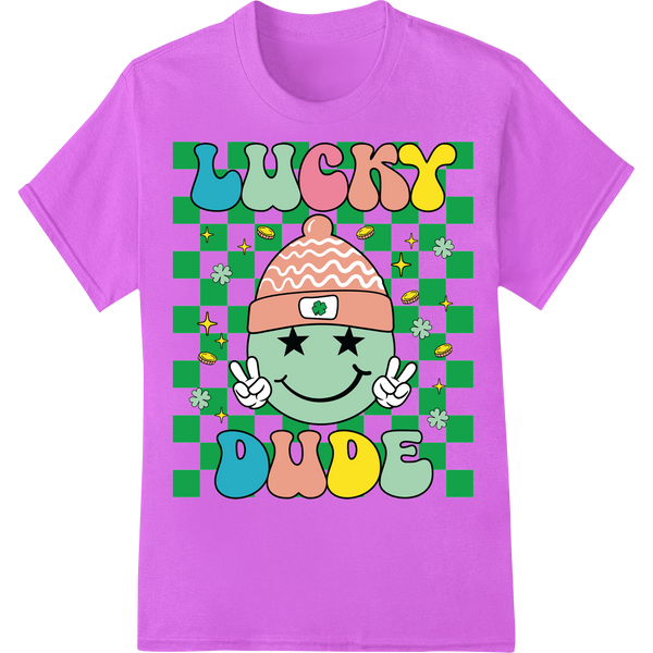 Lucky Dude: Adorable St. Patrick's Day Smiley Heat Transfer on purple shirt - SUPERDTF-DTF Prints-DTF Transfers-Custom DTF Prints