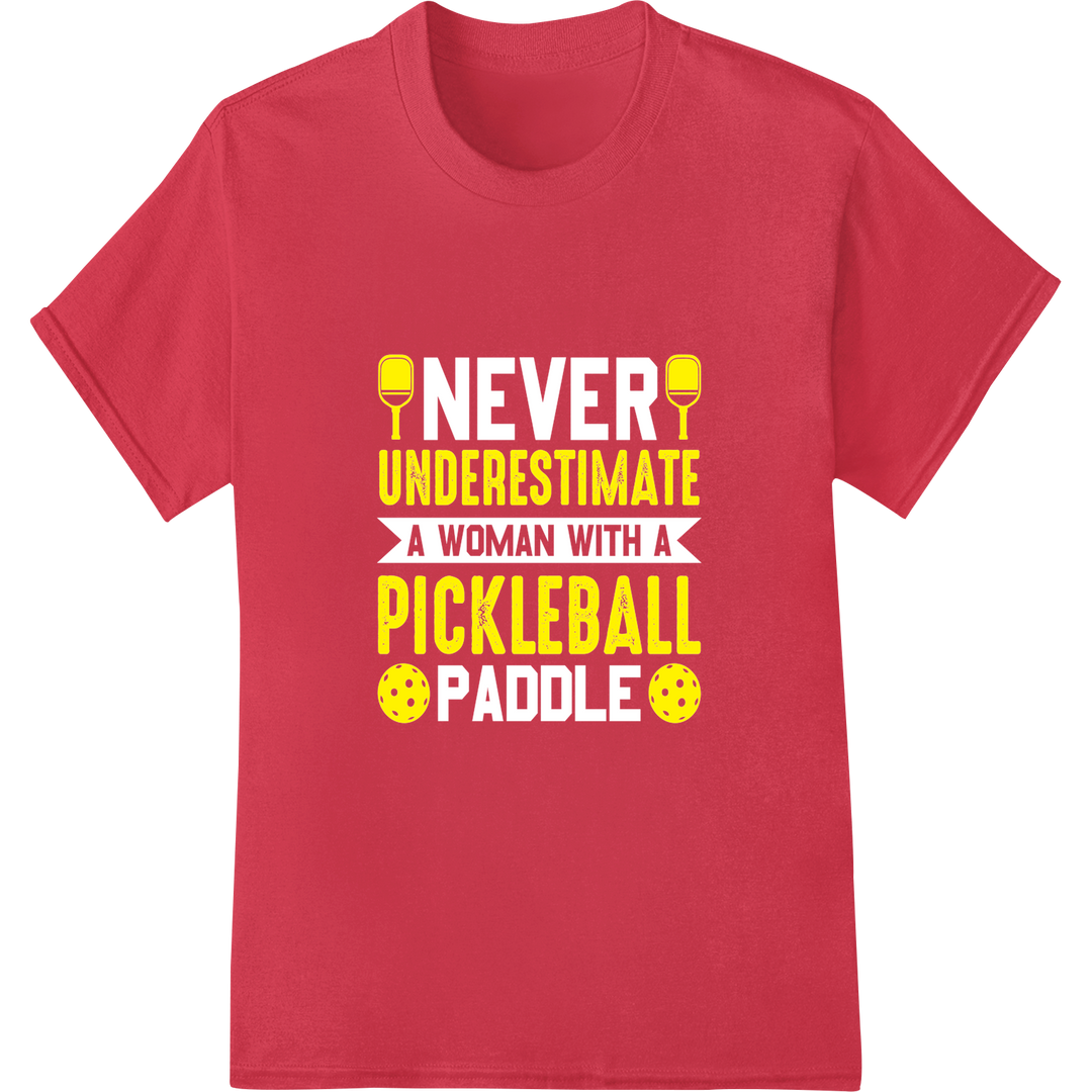 Bold 'Underestimate Pickleball' DTF Print | Pickleball Gear on red shirt - SUPERDTF-DTF Prints-DTF Transfers-Custom DTF Prints