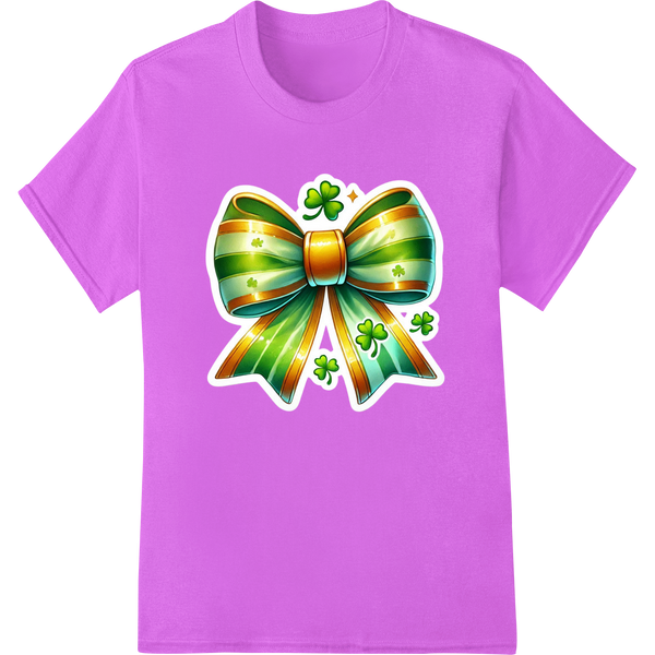 Shimmering Shamrock Bow: Festive St. Patrick's Day DTF Print on purple shirt - SUPERDTF-DTF Prints-DTF Transfers-Custom DTF Prints