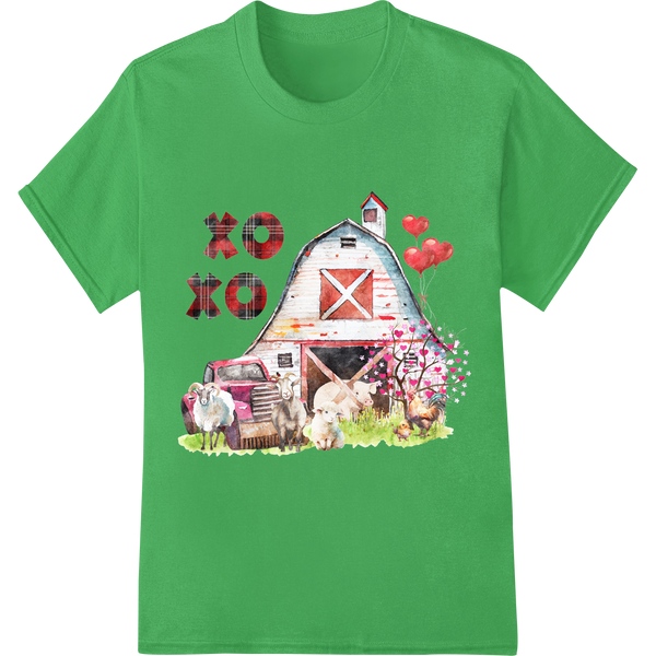 Rustic Valentine's Farm Animals Love XO | DTF Print Design on green shirt - SUPERDTF-DTF Prints-DTF Transfers-Custom DTF Prints