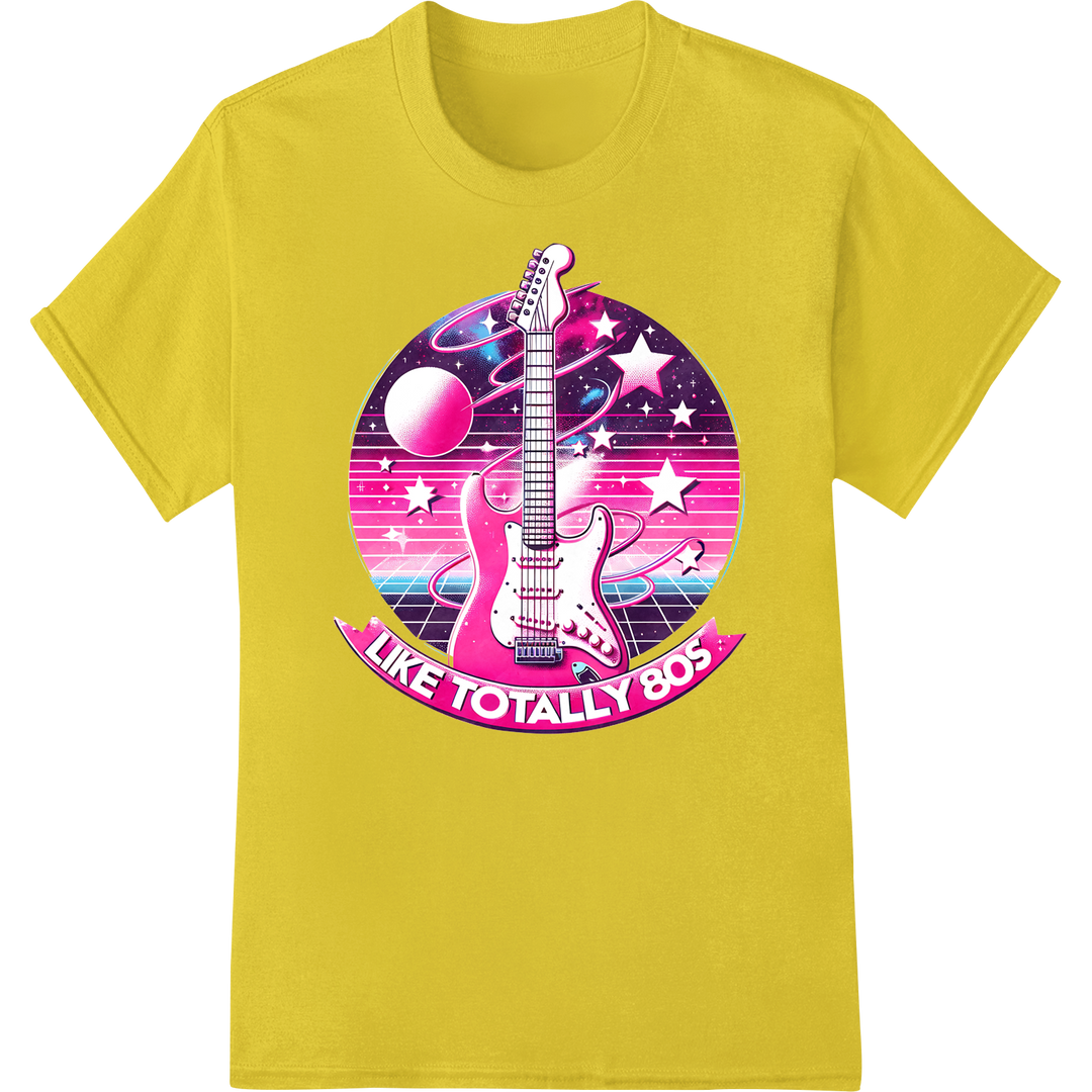 Retro 80s Vibes: Neon Guitar DTF Print Heat Transfer on yellow shirt - SUPERDTF-DTF Prints-DTF Transfers-Custom DTF Prints