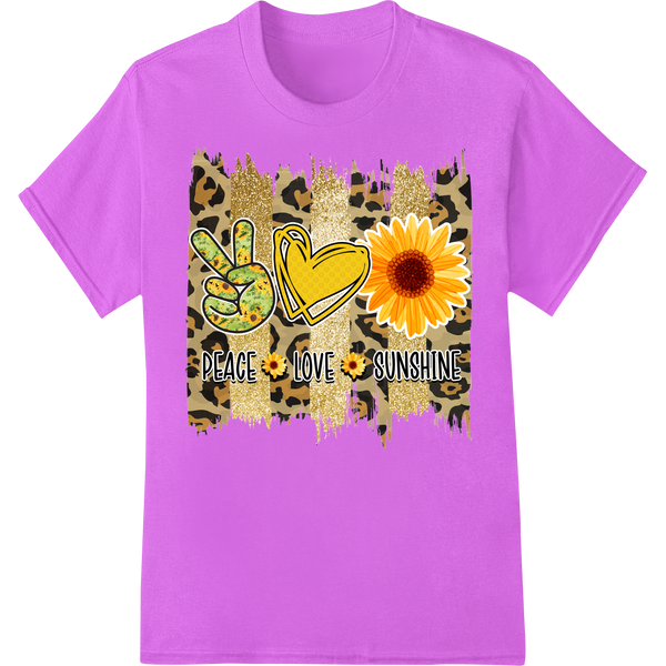 Leopard sunflower design with 'Peace Love Sunshine' text, vibrant colors for DTF heat transfer printing on apparel.