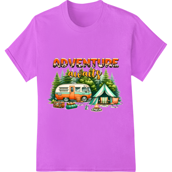 Adventure Awaits: Retro Camping DTF Print Heat Transfer on purple shirt - SUPERDTF-DTF Prints-DTF Transfers-Custom DTF Prints