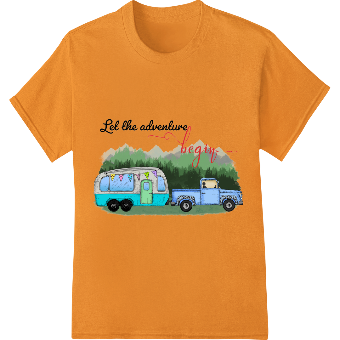 Retro Camper Adventure: Let the Outdoors Fun Begin! on orange shirt - SUPERDTF-DTF Prints-DTF Transfers-Custom DTF Prints