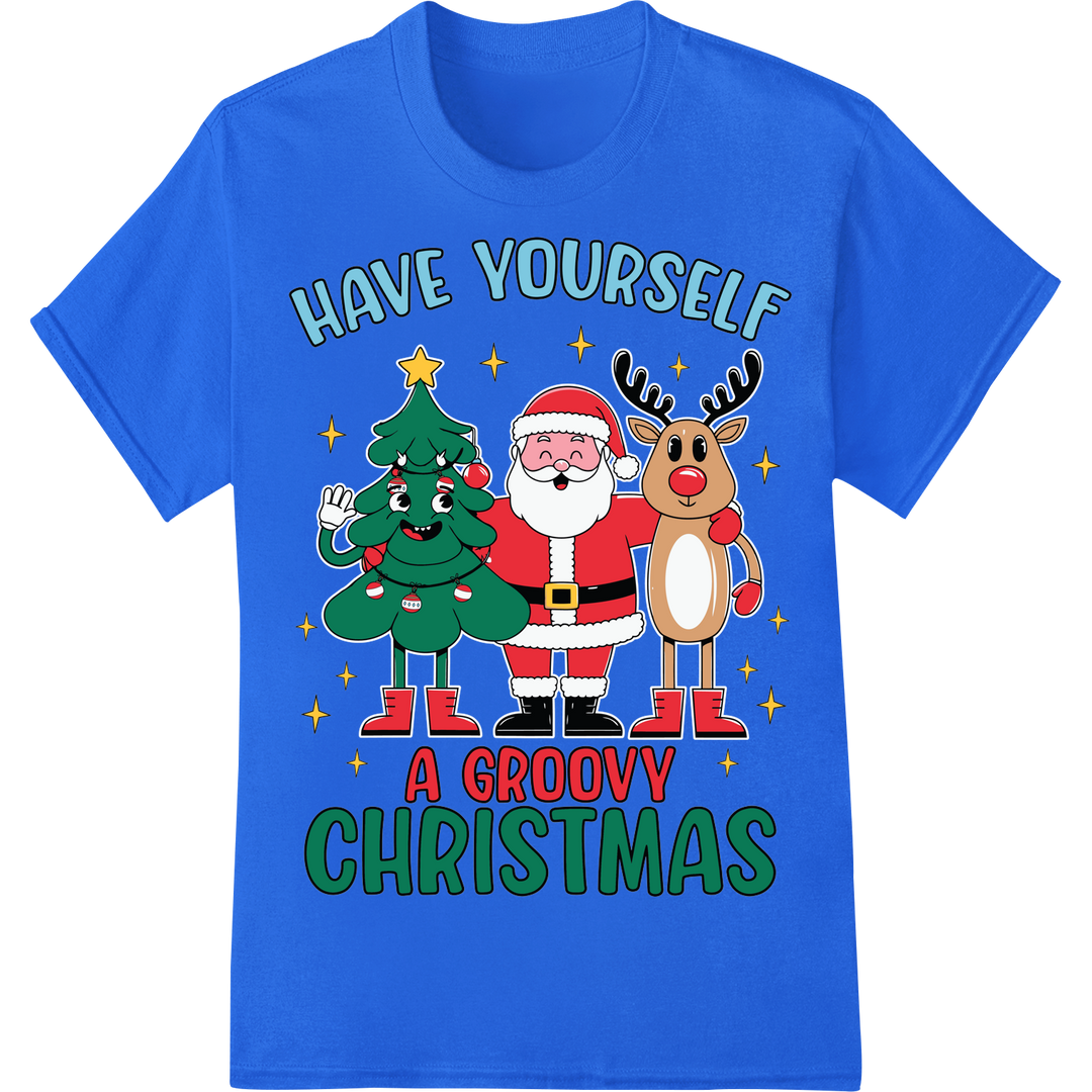 Retro Vibes: Groovy Christmas Heat Transfer Design on blue shirt - SUPERDTF-DTF Prints-DTF Transfers-Custom DTF Prints