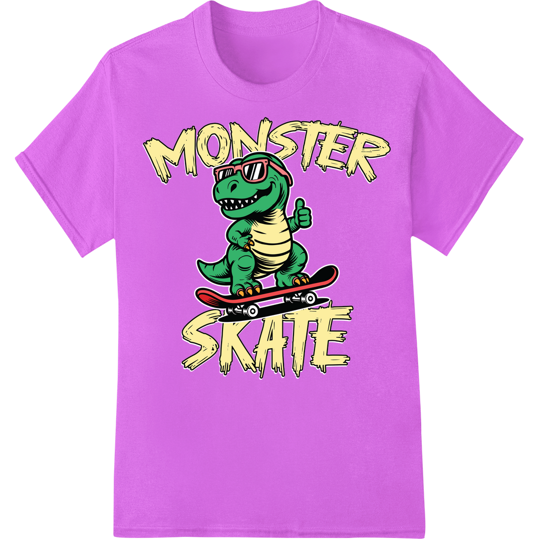 Rad Dino Shredder: Bold Skateboarding DTF Print Transfer on purple shirt - SUPERDTF-DTF Prints-DTF Transfers-Custom DTF Prints