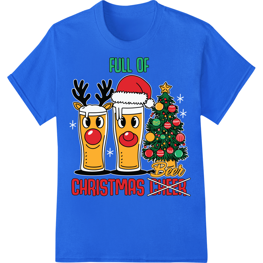 Festive 'Full of Christmas Beer' Heat Transfer Print on blue shirt - SUPERDTF-DTF Prints-DTF Transfers-Custom DTF Prints