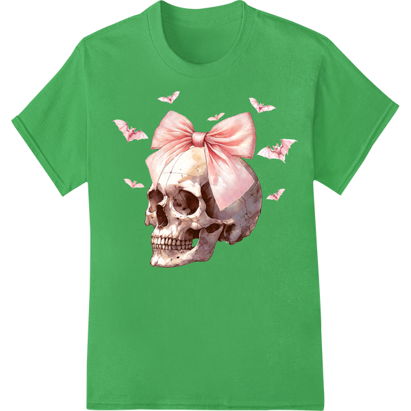 Gothic Romance: Skull with Pink Bow for Eternal Love on green shirt - SUPERDTF-DTF Prints-DTF Transfers-Custom DTF Prints