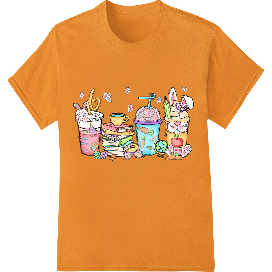 Retro Easter Fun: Adorable Bunnies, Chicks & Treats DTF Print on orange shirt - SUPERDTF-DTF Prints-DTF Transfers-Custom DTF Prints