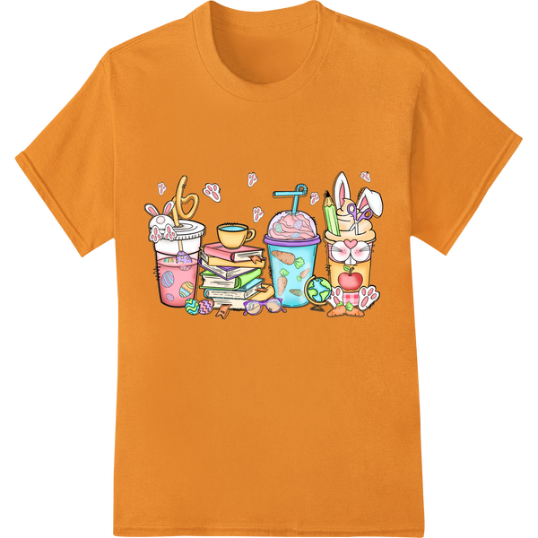 Retro Easter Fun: Adorable Bunnies, Chicks & Treats DTF Print on orange shirt - SUPERDTF-DTF Prints-DTF Transfers-Custom DTF Prints