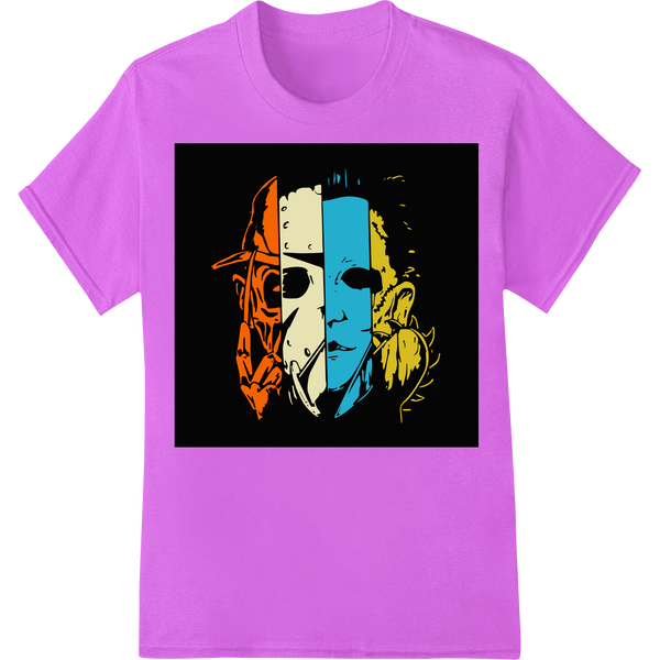 Eerie Split Face Trio: Haunting Halloween Heat Transfer on purple shirt - SUPERDTF-DTF Prints-DTF Transfers-Custom DTF Prints