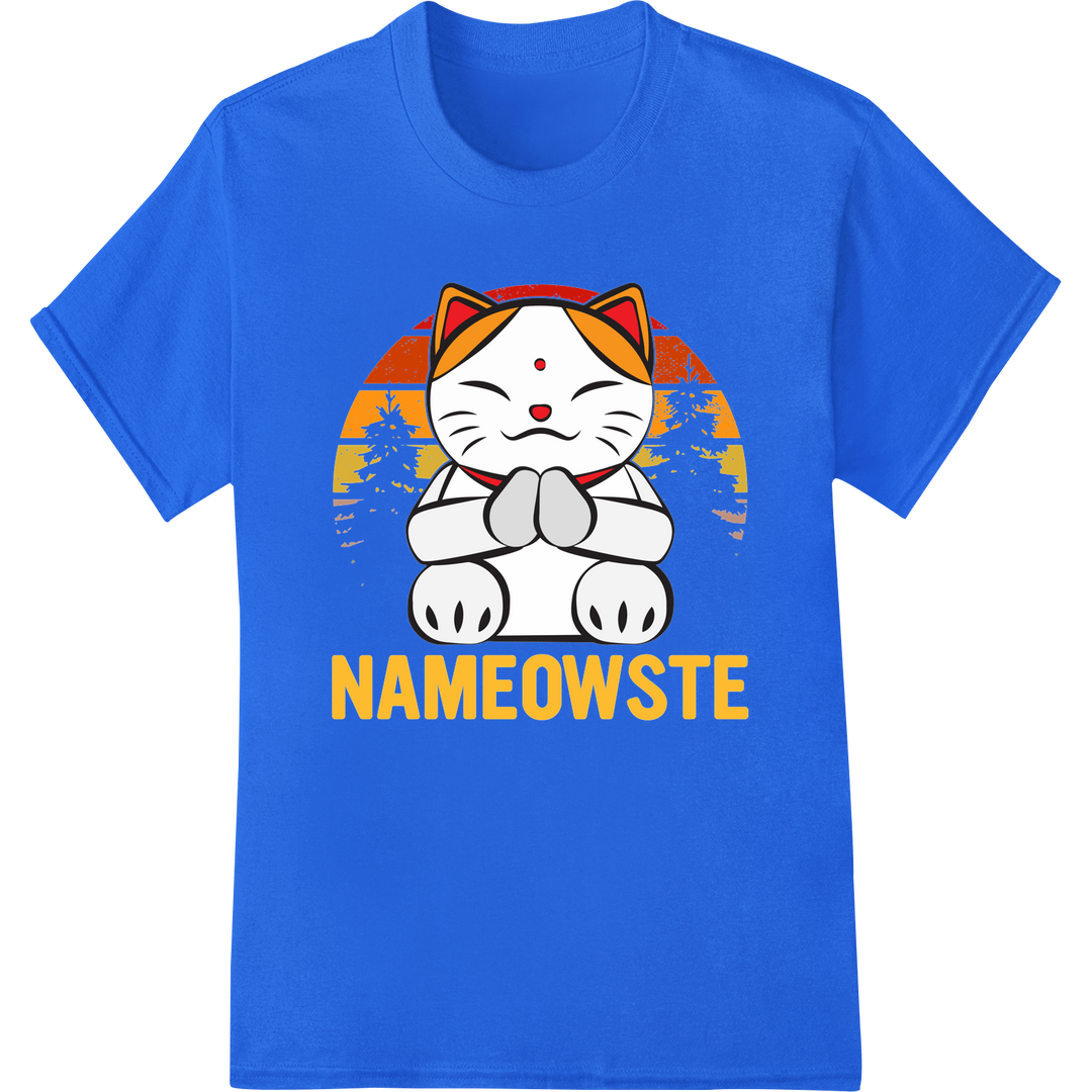 Adorable Yoga Cat "NAMEOWSTE" DTF Print Heat Transfer on blue shirt - SUPERDTF-DTF Prints-DTF Transfers-Custom DTF Prints