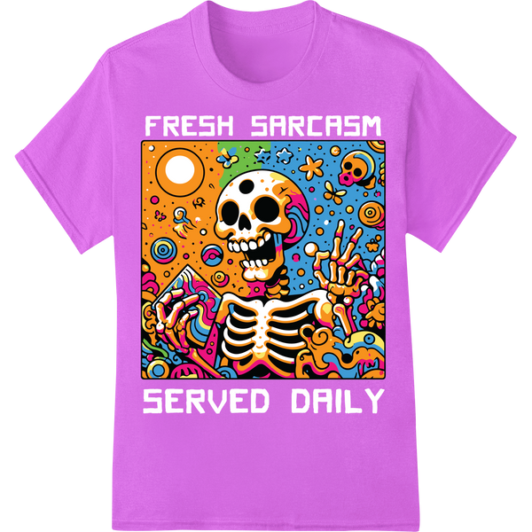 Sarcastic Skeleton: Day of Dead Psychedelic DTF Print on purple shirt - SUPERDTF-DTF Prints-DTF Transfers-Custom DTF Prints