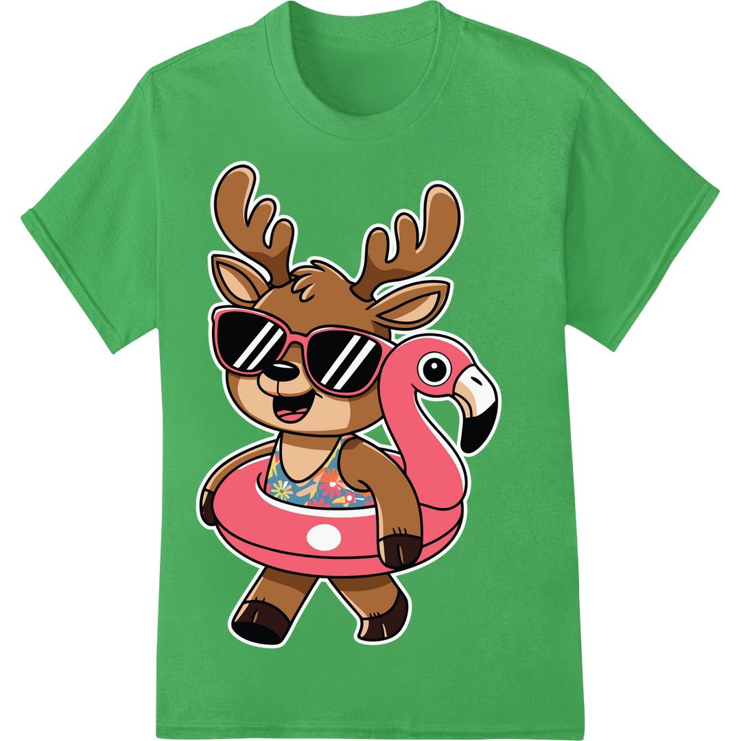 Festive Flamingo: Reindeer Pool Float Christmas DTF Print on green shirt - SUPERDTF-DTF Prints-DTF Transfers-Custom DTF Prints