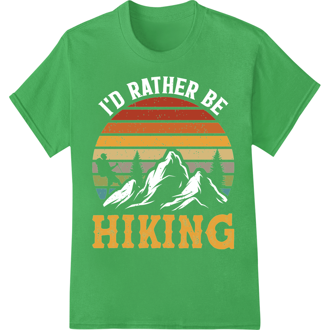 Vintage Sunset HIKING Print | Outdoor Adventure Heat Transfer on green shirt - SUPERDTF-DTF Prints-DTF Transfers-Custom DTF Prints