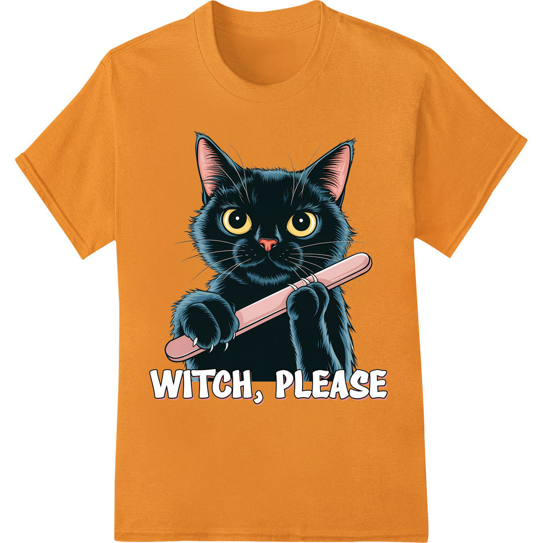 Sarcastic Black Cat 'Witch Please' Halloween DTF Print on orange shirt - SUPERDTF-DTF Prints-DTF Transfers-Custom DTF Prints