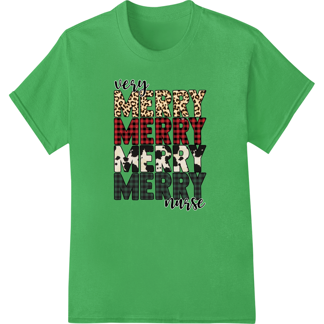 Festive 'Very Merry Nurse' Typography DTF Print Heat Transfer on green shirt - SUPERDTF-DTF Prints-DTF Transfers-Custom DTF Prints