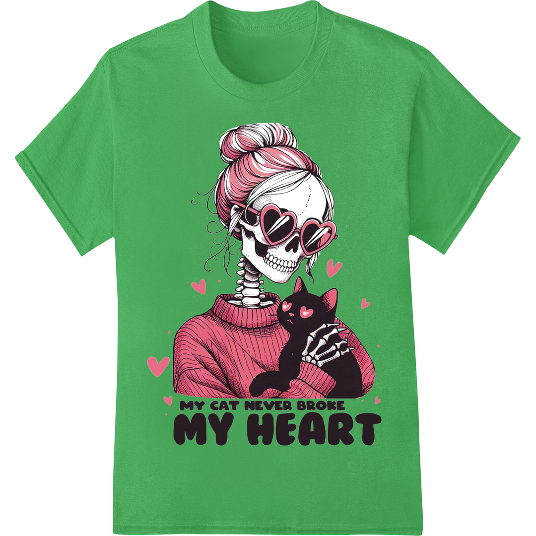 Edgy Skull Kitty: Purrfect Valentine's DTF Print Transfer on green shirt - SUPERDTF-DTF Prints-DTF Transfers-Custom DTF Prints