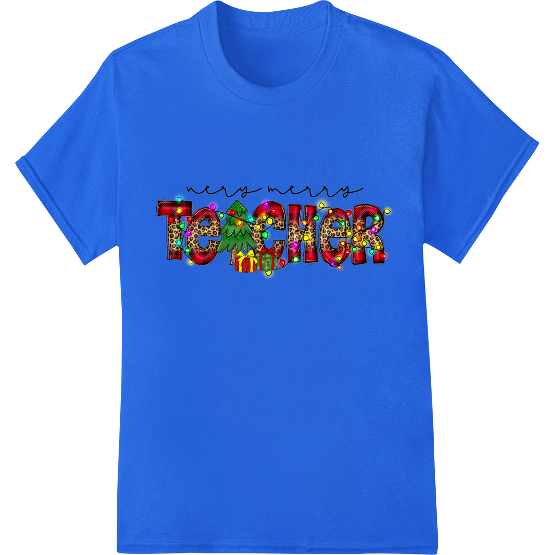 Festive 'Teacher' Christmas DTF Print Heat Transfer on blue shirt - SUPERDTF-DTF Prints-DTF Transfers-Custom DTF Prints