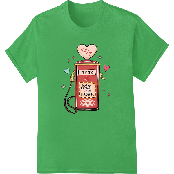 Witty 'Fall in Love' Gas Pump Valentine's Day DTF Print on green shirt - SUPERDTF-DTF Prints-DTF Transfers-Custom DTF Prints