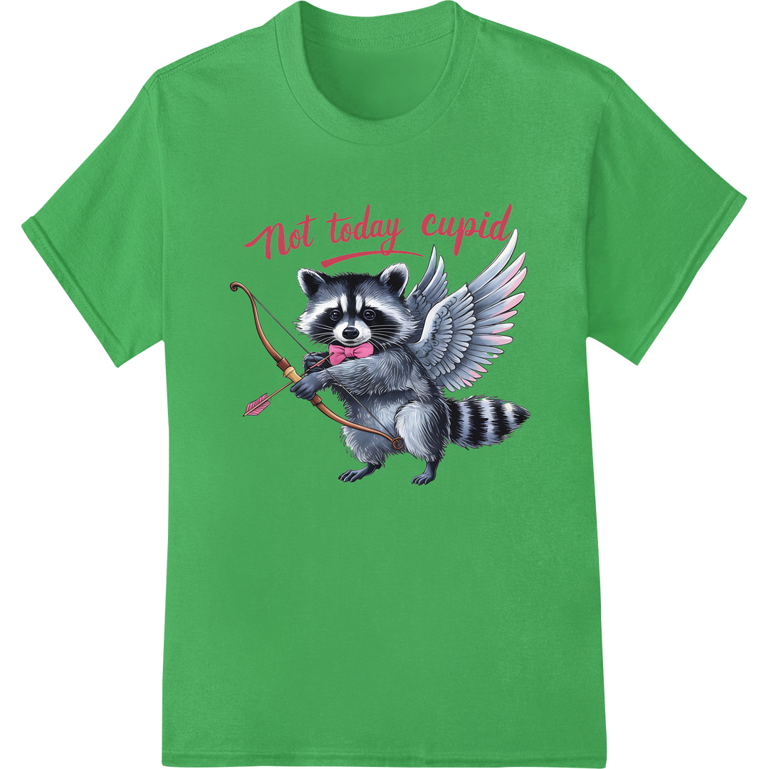 Not Today Cupid: Retro Raccoon Valentine's DTF Print on green shirt - SUPERDTF-DTF Prints-DTF Transfers-Custom DTF Prints