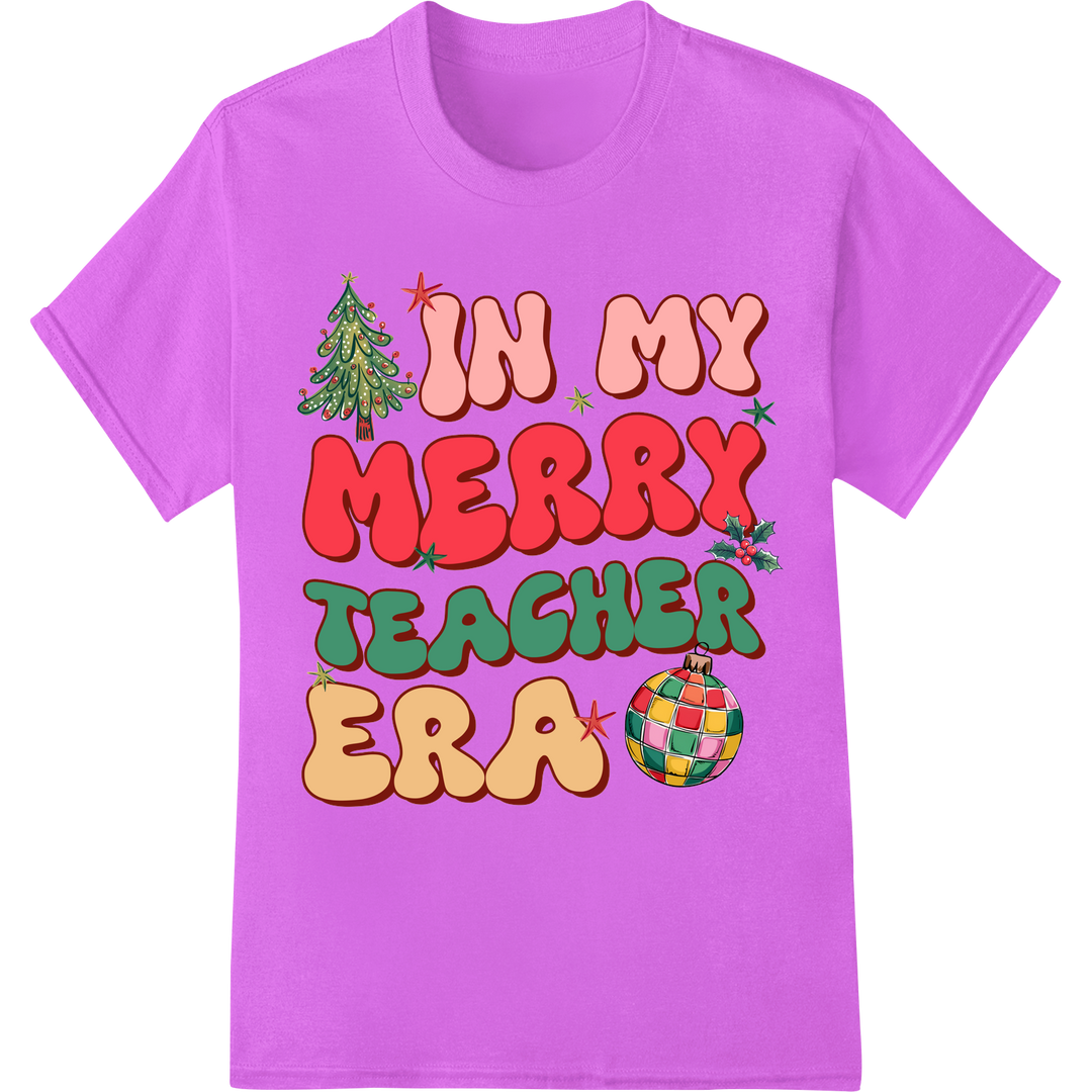 Festive 'In My Merry Teacher Era' Christmas DTF Print on purple shirt - SUPERDTF-DTF Prints-DTF Transfers-Custom DTF Prints