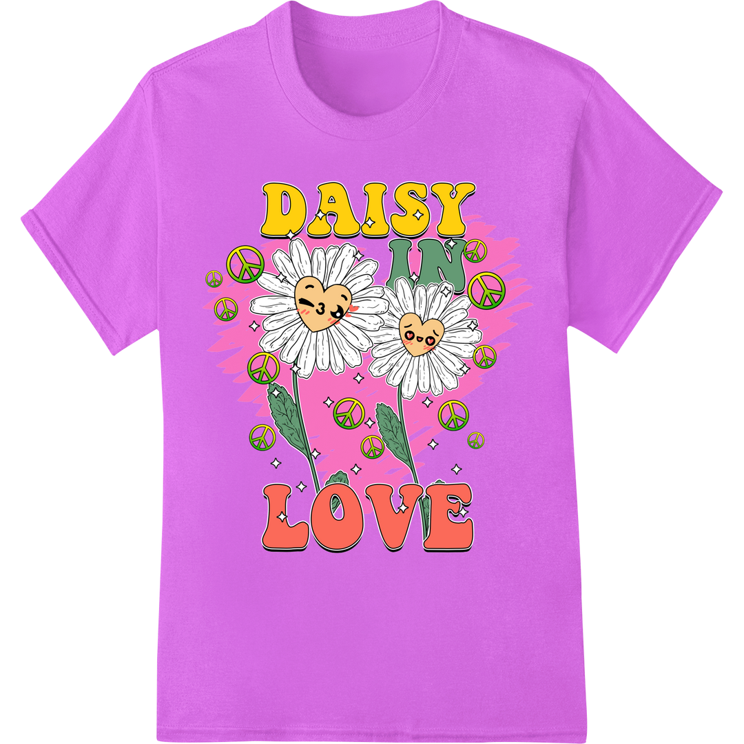 Groovy Daisy Love: Retro Hippie Valentine's Day DTF Print on purple shirt - SUPERDTF-DTF Prints-DTF Transfers-Custom DTF Prints