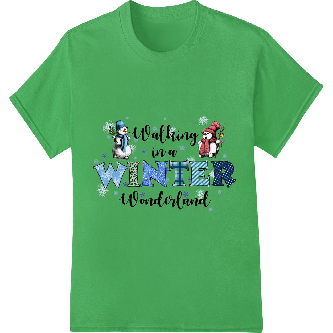 Snowman Couple's Winter Wonderland Walk - DTF Print on green shirt - SUPERDTF-DTF Prints-DTF Transfers-Custom DTF Prints