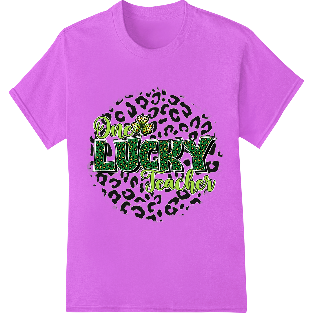 One Lucky Teacher St. Patrick's Day Leopard Print DTF Transfer on purple shirt - SUPERDTF-DTF Prints-DTF Transfers-Custom DTF Prints