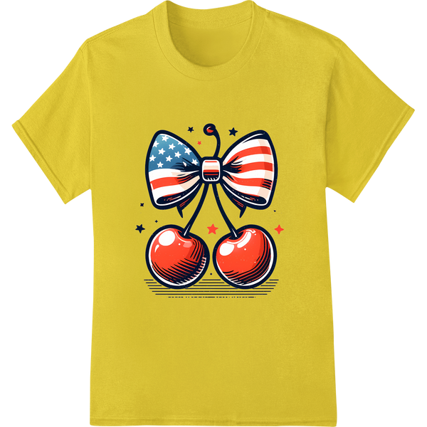 Patriotic Bow & Cherries: Vibrant 4th of July DTF Print on yellow shirt - SUPERDTF-DTF Prints-DTF Transfers-Custom DTF Prints