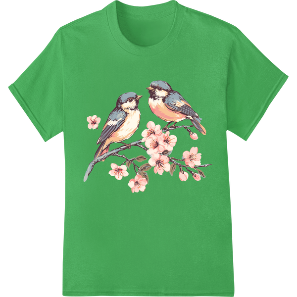 Vibrant Pop Art Birds on Cherry Blossom Branches DTF Print on green shirt - SUPERDTF-DTF Prints-DTF Transfers-Custom DTF Prints