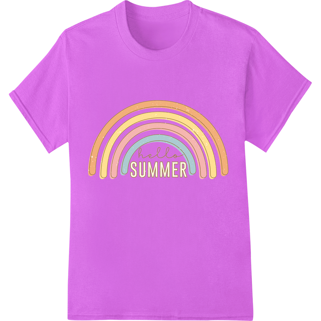 Retro Rainbow "hello SUMMER" DTF Print Heat Transfer on purple shirt - SUPERDTF-DTF Prints-DTF Transfers-Custom DTF Prints