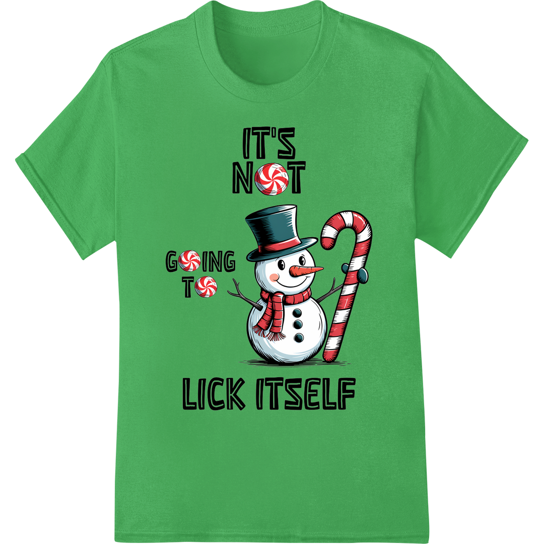 Cheeky Christmas Snowman Licking Candy Cane DTF Transfer on green shirt - SUPERDTF-DTF Prints-DTF Transfers-Custom DTF Prints