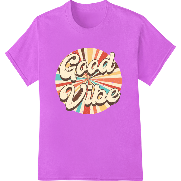 Retro-style 'Good Vibe' typography design in bright colors, suitable for heat transfer on apparel like t-shirts and hoodies.