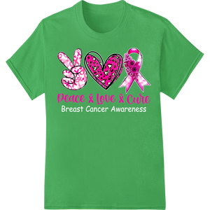 Peace, Love & Cure: Support Breast Cancer Awareness on green shirt - SUPERDTF-DTF Prints-DTF Transfers-Custom DTF Prints