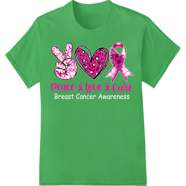 Peace, Love & Cure: Support Breast Cancer Awareness on green shirt - SUPERDTF-DTF Prints-DTF Transfers-Custom DTF Prints