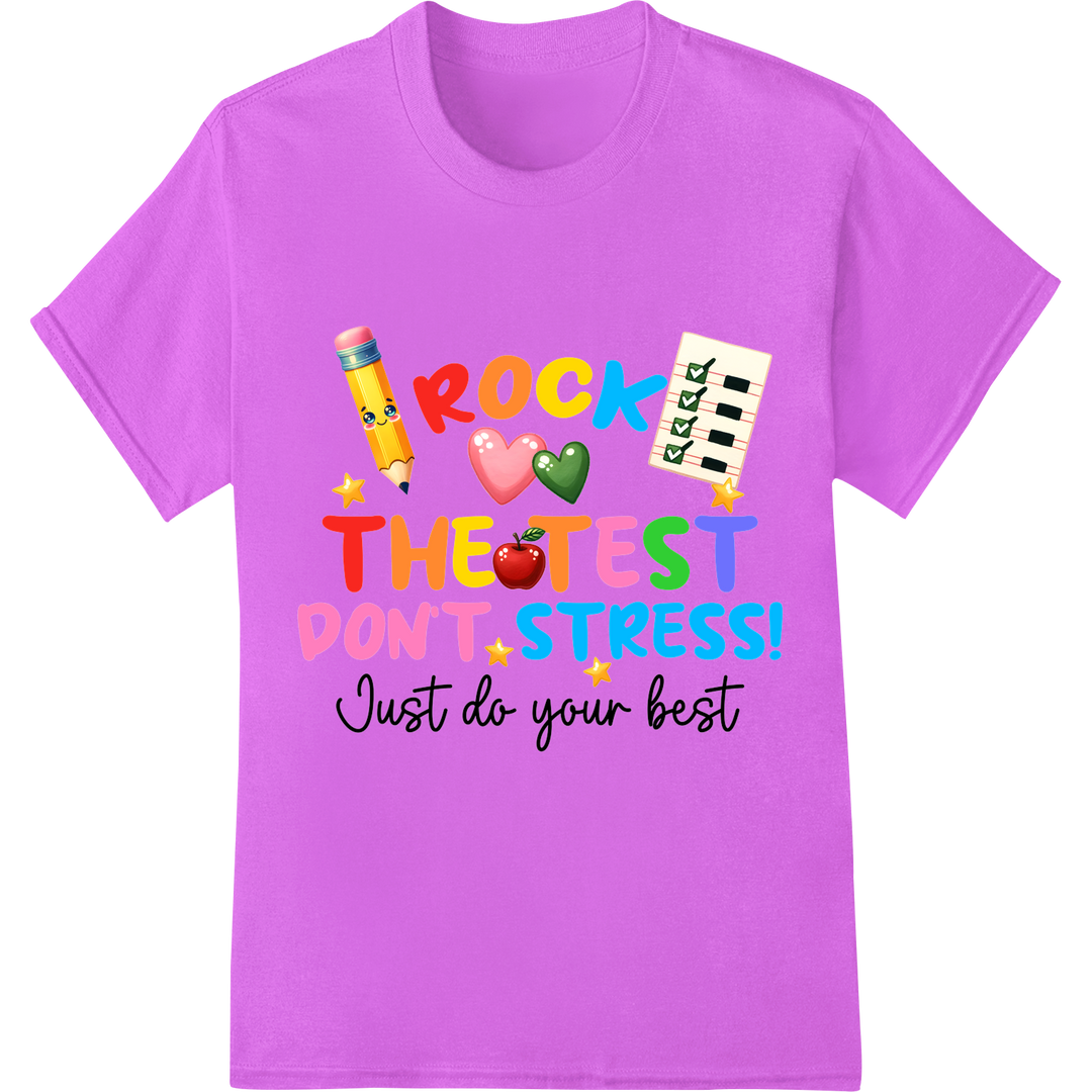 Rock the Test: Motivational DTF Print for Students & Teachers on purple shirt - SUPERDTF-DTF Prints-DTF Transfers-Custom DTF Prints