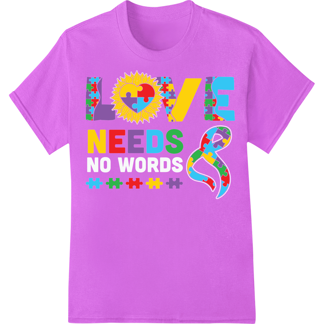 Autism Awareness Puzzle Love Needs Support DTF Print on purple shirt - SUPERDTF-DTF Prints-DTF Transfers-Custom DTF Prints