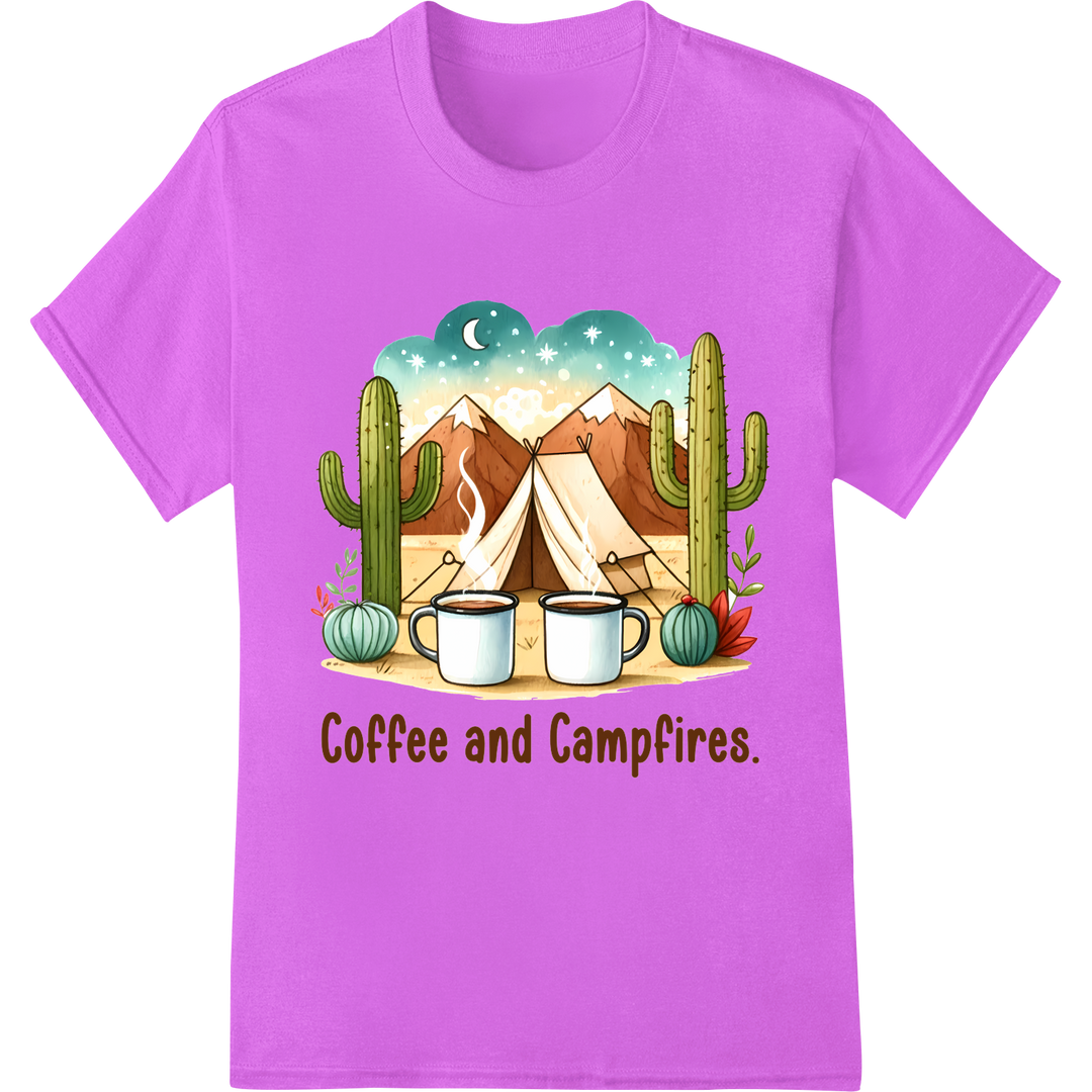 Cozy Campfire Coffee DTF Print for Outdoor Adventures on purple shirt - SUPERDTF-DTF Prints-DTF Transfers-Custom DTF Prints