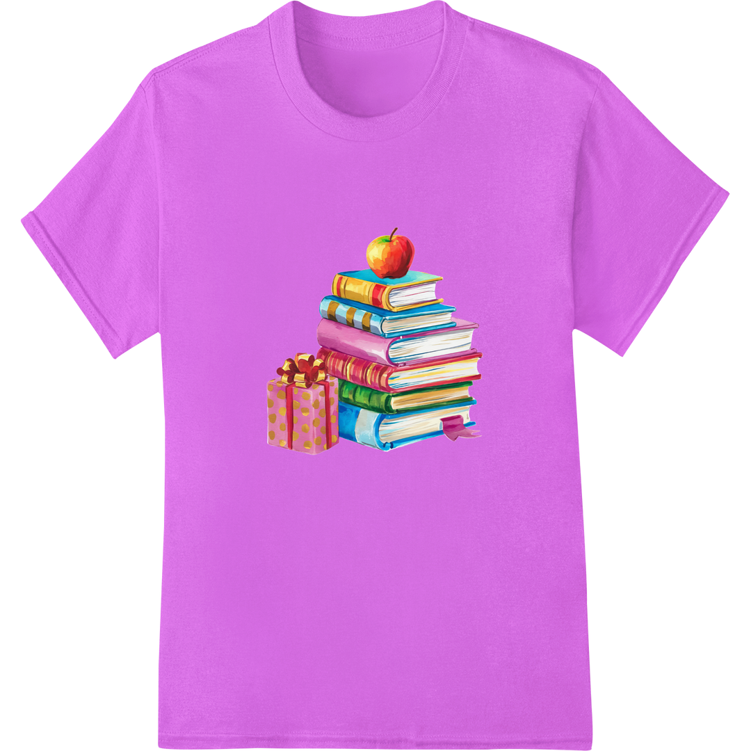 Vibrant Books & Apple Teacher DTF Print for Back to School on purple shirt - SUPERDTF-DTF Prints-DTF Transfers-Custom DTF Prints