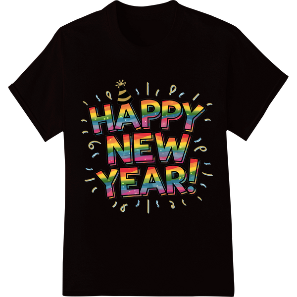 Vibrant 'Happy New Year!' DTF Print Heat Transfer on black shirt - SUPERDTF-DTF Prints-DTF Transfers-Custom DTF Prints