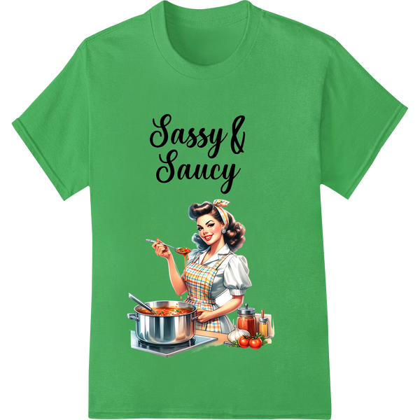 Sassy Retro Pin-Up Girl Chef | DTF Heat Transfer Print on green shirt - SUPERDTF-DTF Prints-DTF Transfers-Custom DTF Prints