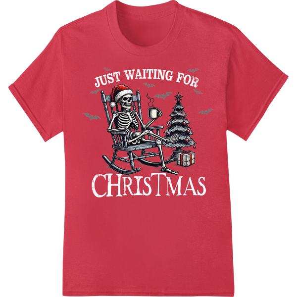 Rocking skeleton playing guitar against Christmas tree background, DTF heat transfer print for custom t-shirt designs