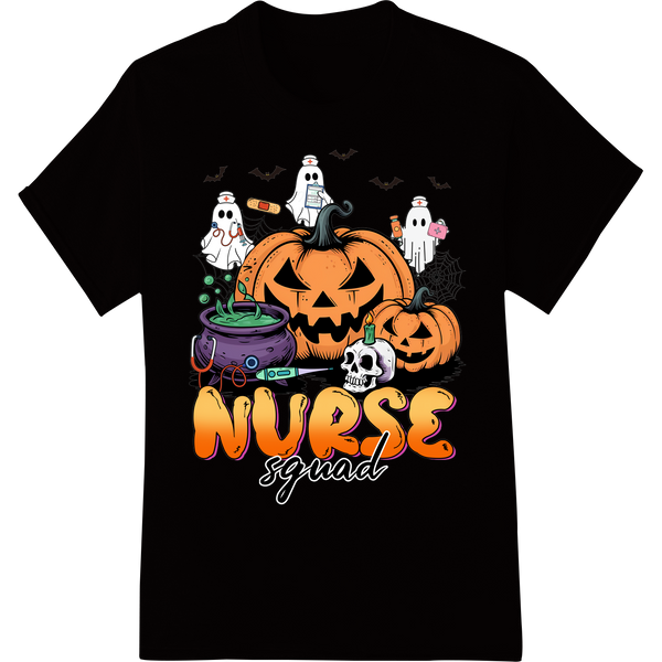 Spooky Nurse Squad: Halloween Fun with Pumpkin Nurses on black shirt - SUPERDTF-DTF Prints-DTF Transfers-Custom DTF Prints