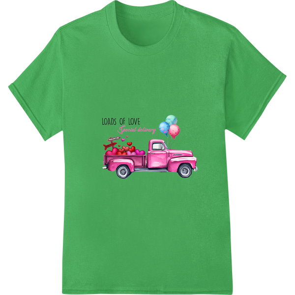 Vintage Pink Truck Valentine's Day 'Special Delivery' DTF Print on green shirt - SUPERDTF-DTF Prints-DTF Transfers-Custom DTF Prints