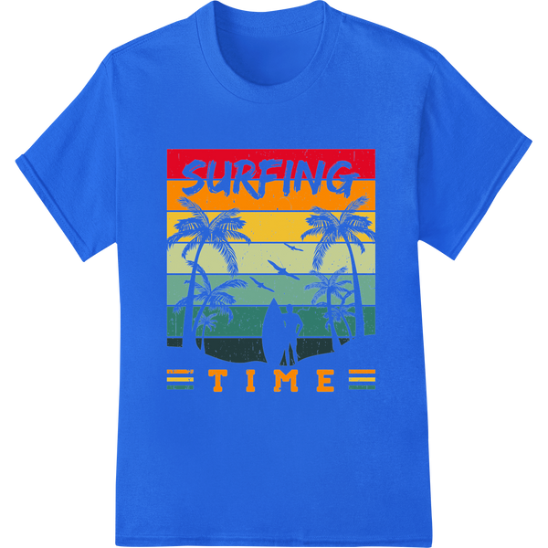 Retro 'SURFING TIME' DTF Print | Vintage Surf Vibes Heat Transfer on blue shirt - SUPERDTF-DTF Prints-DTF Transfers-Custom DTF Prints