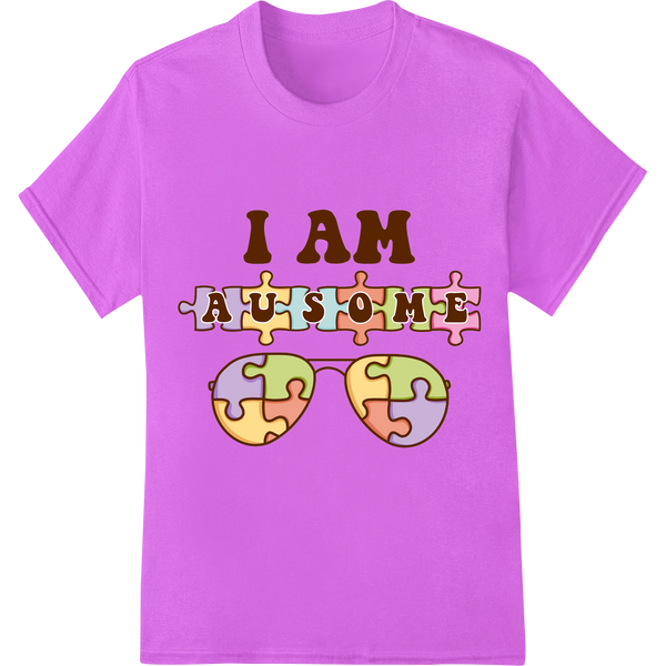 I AM AUSOME Autism Awareness Puzzle Piece DTF Print on purple shirt - SUPERDTF-DTF Prints-DTF Transfers-Custom DTF Prints